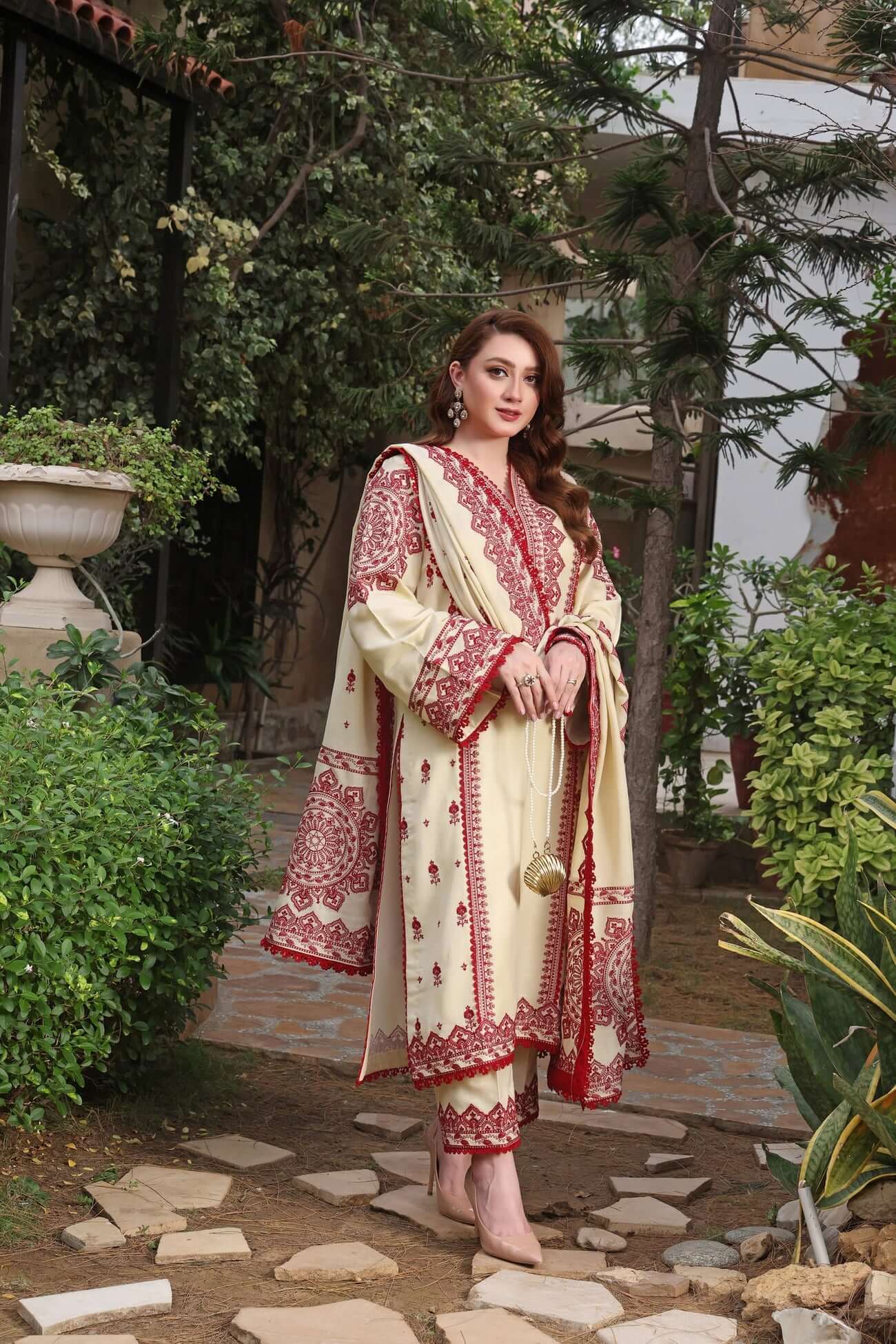 3 Piece Unstitched Heavy Embroidered Dhanak Suit with Embroidered Dhanak Shawl