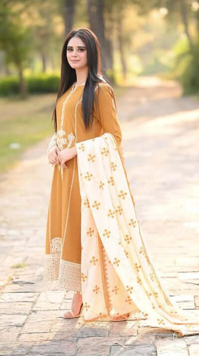 3 Piece Unstitched Heavy Embroidered Dhanak Suit with Embroidered Dhanak Shawl