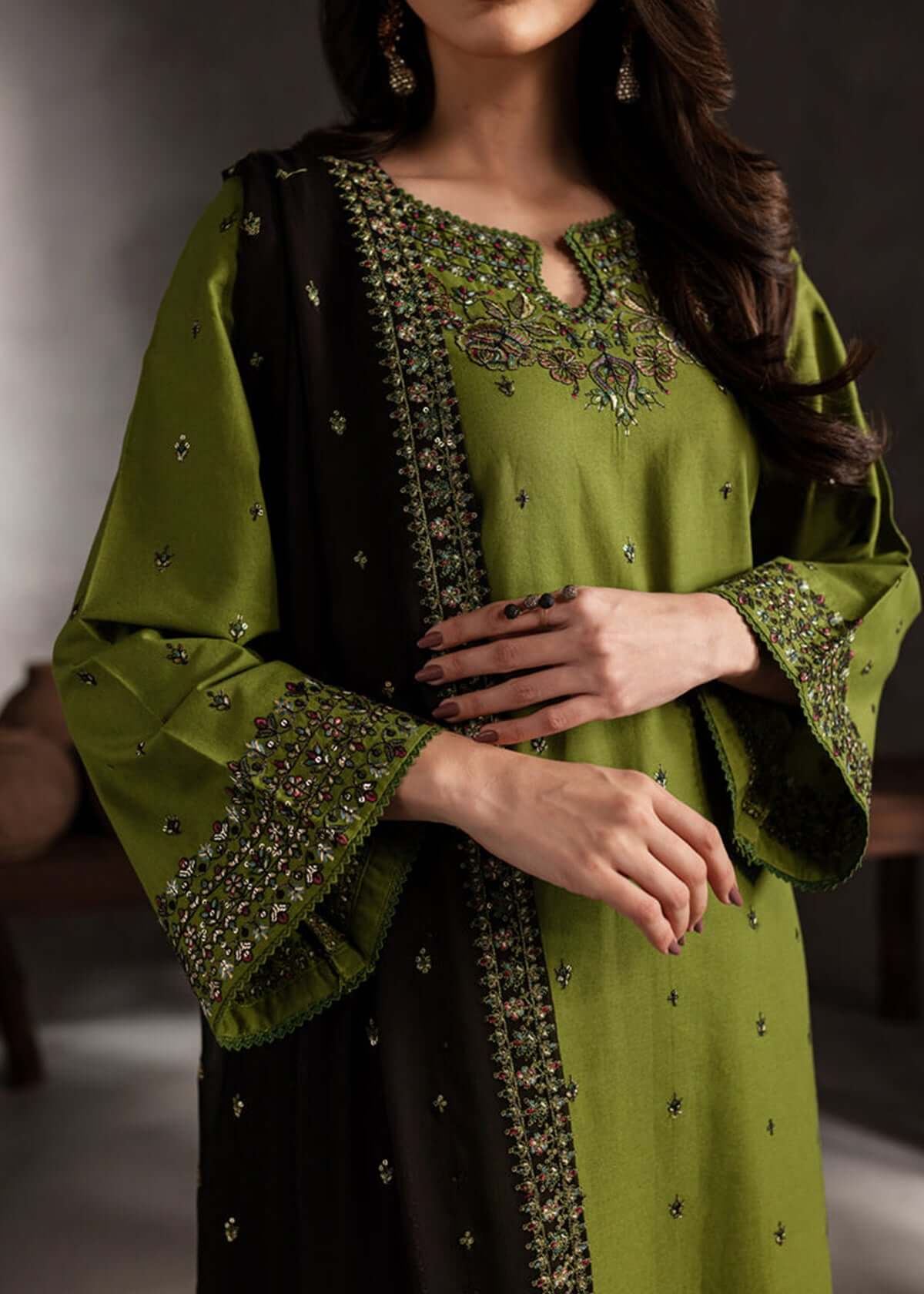 3 Piece Unstitched Heavy Embroidered Dhanak Suit with Embroidered Dhanak Shawl