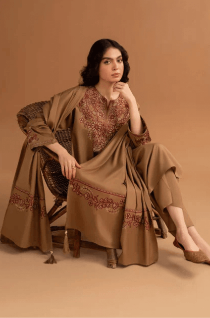 3 Piece Unstitched Heavy Embroidered Dhanak Suit with Embroidered Dhanak Shawl
