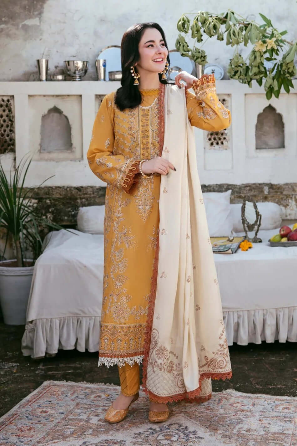 3 Piece Unstitched Heavy Embroidered Dhanak Suit with Embroidered Dhanak Shawl