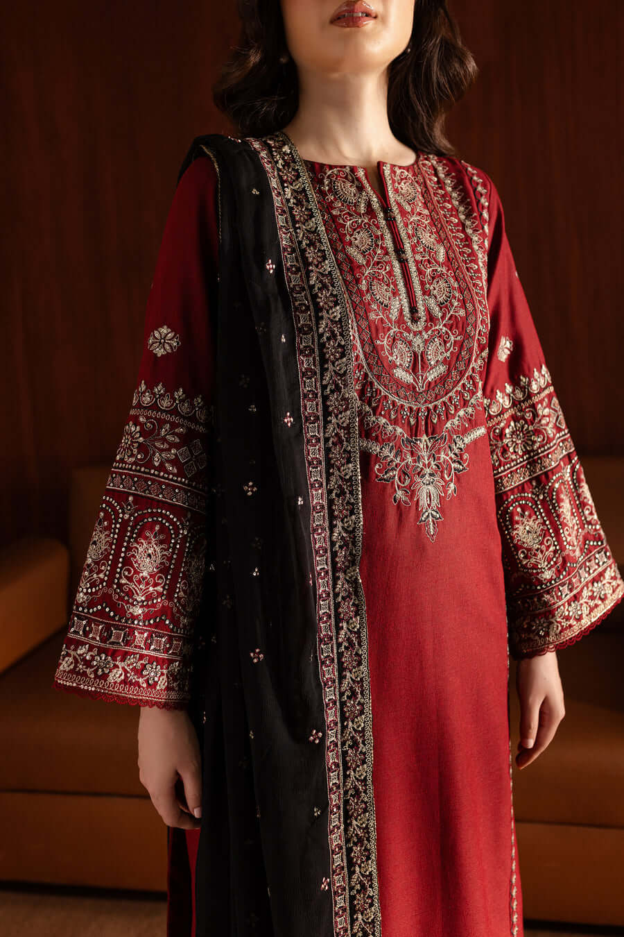 3 Piece Unstitched Heavy Embroidered Dhanak Suit with Embroidered Dhanak Shawl