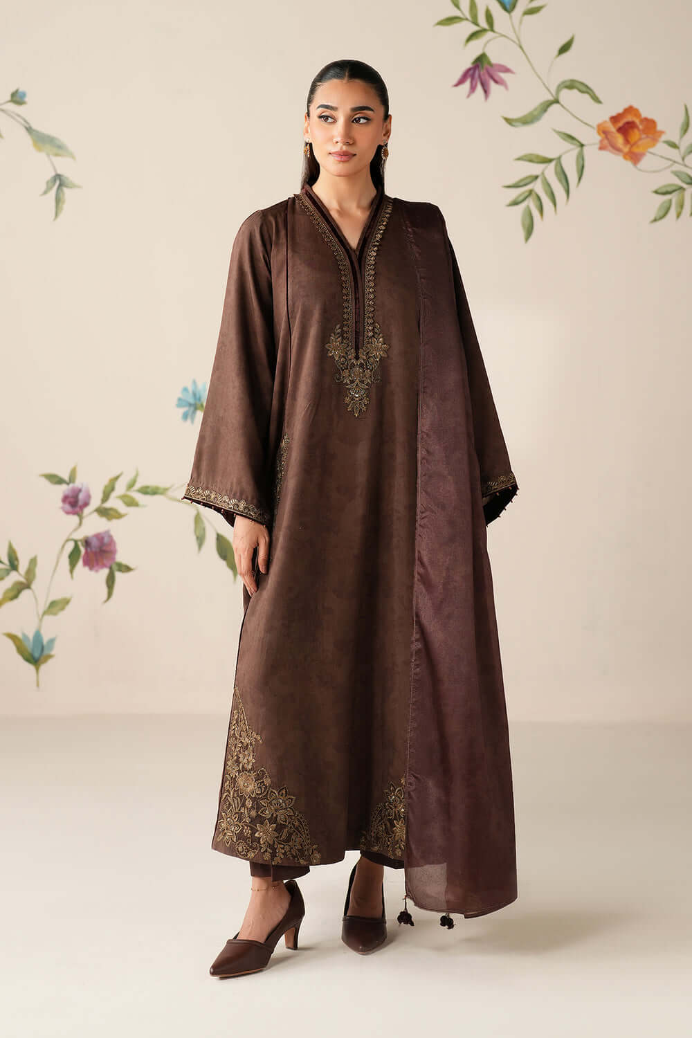3 Piece Unstitched Embroidered Dhanak Suit with Plain Dhanak Shawl