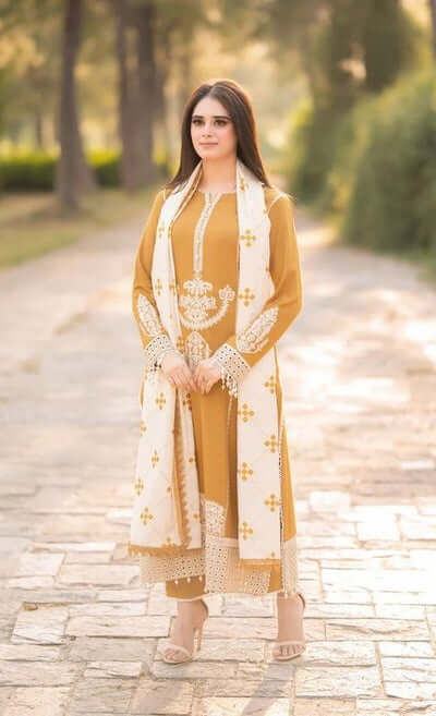 3 Piece Unstitched Heavy Embroidered Dhanak Suit with Embroidered Dhanak Shawl