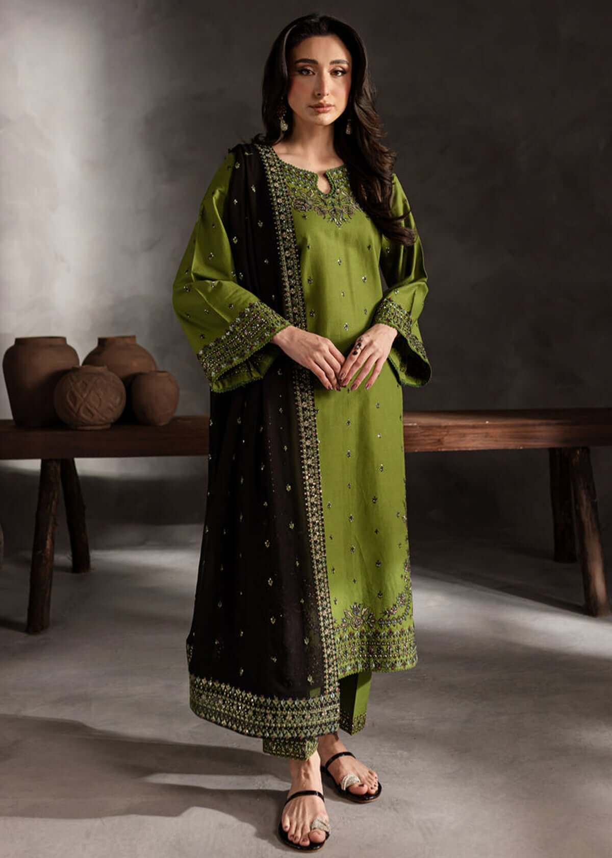 3 Piece Unstitched Heavy Embroidered Dhanak Suit with Embroidered Dhanak Shawl