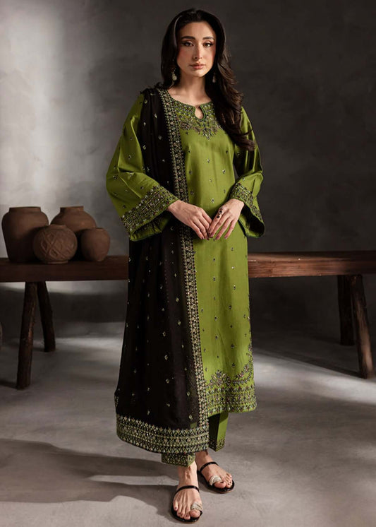 3 Piece Unstitched Heavy Embroidered Dhanak Suit with Embroidered Dhanak Shawl