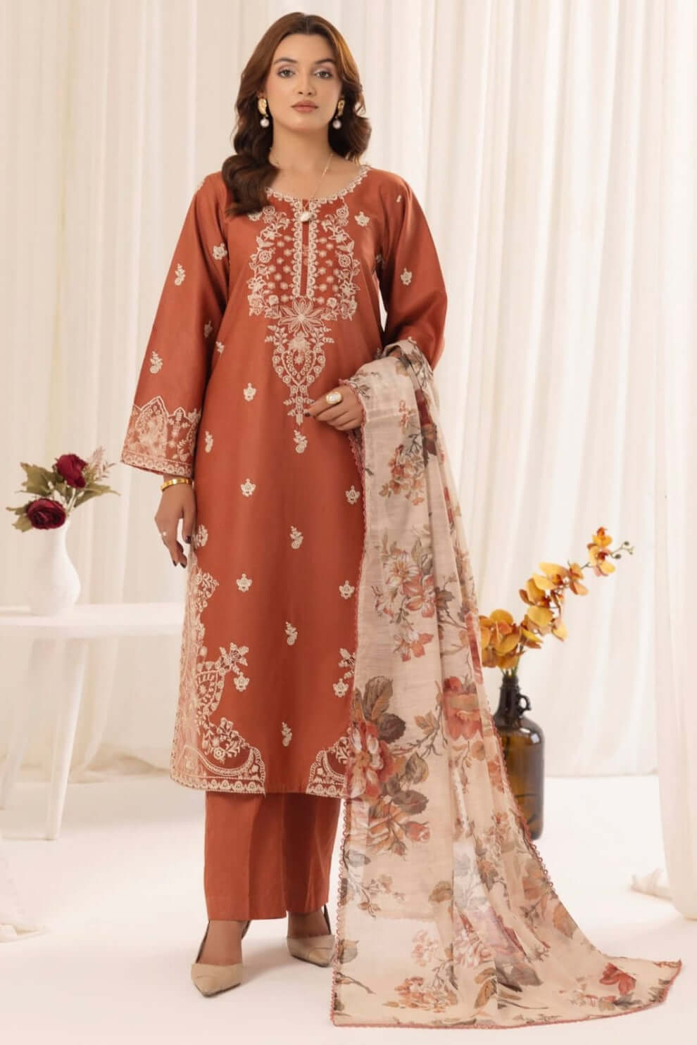 3 Piece Unstitched Heavy Embroidered Dhanak Suit with Printed Wool Shawl