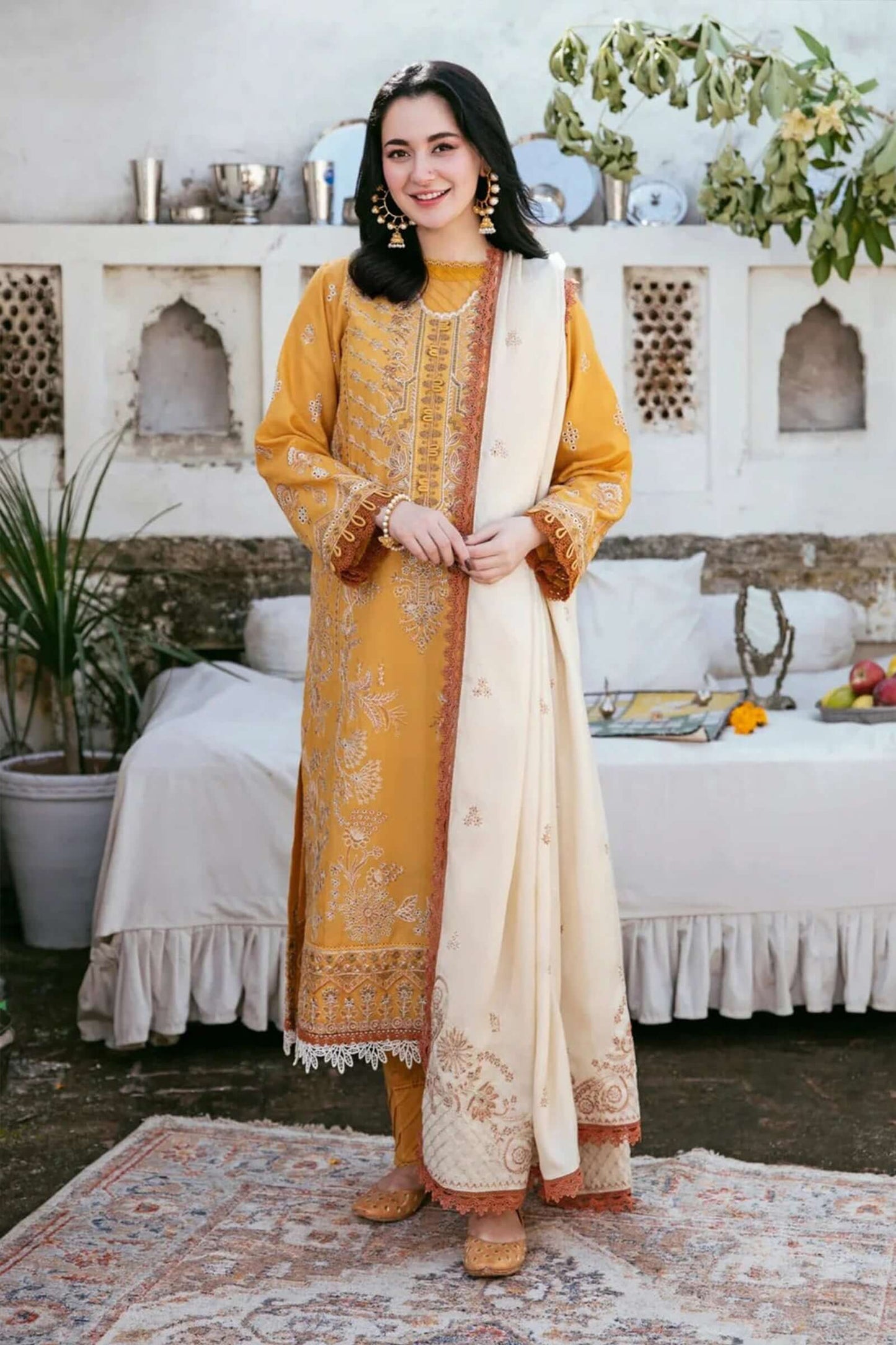 3 Piece Unstitched Heavy Embroidered Dhanak Suit with Embroidered Dhanak Shawl