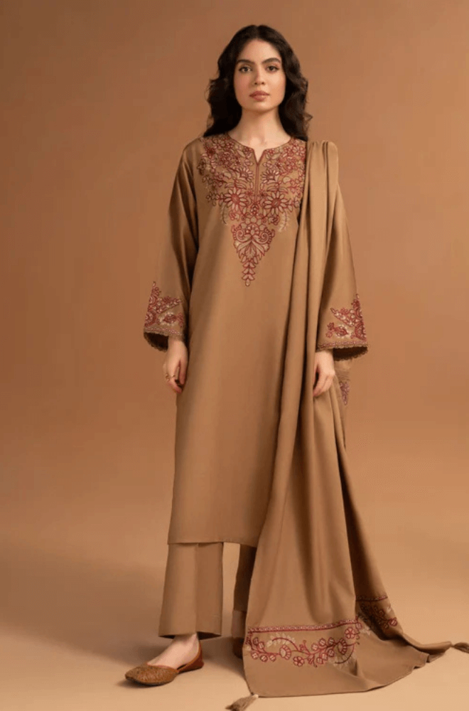 3 Piece Unstitched Heavy Embroidered Dhanak Suit with Embroidered Dhanak Shawl