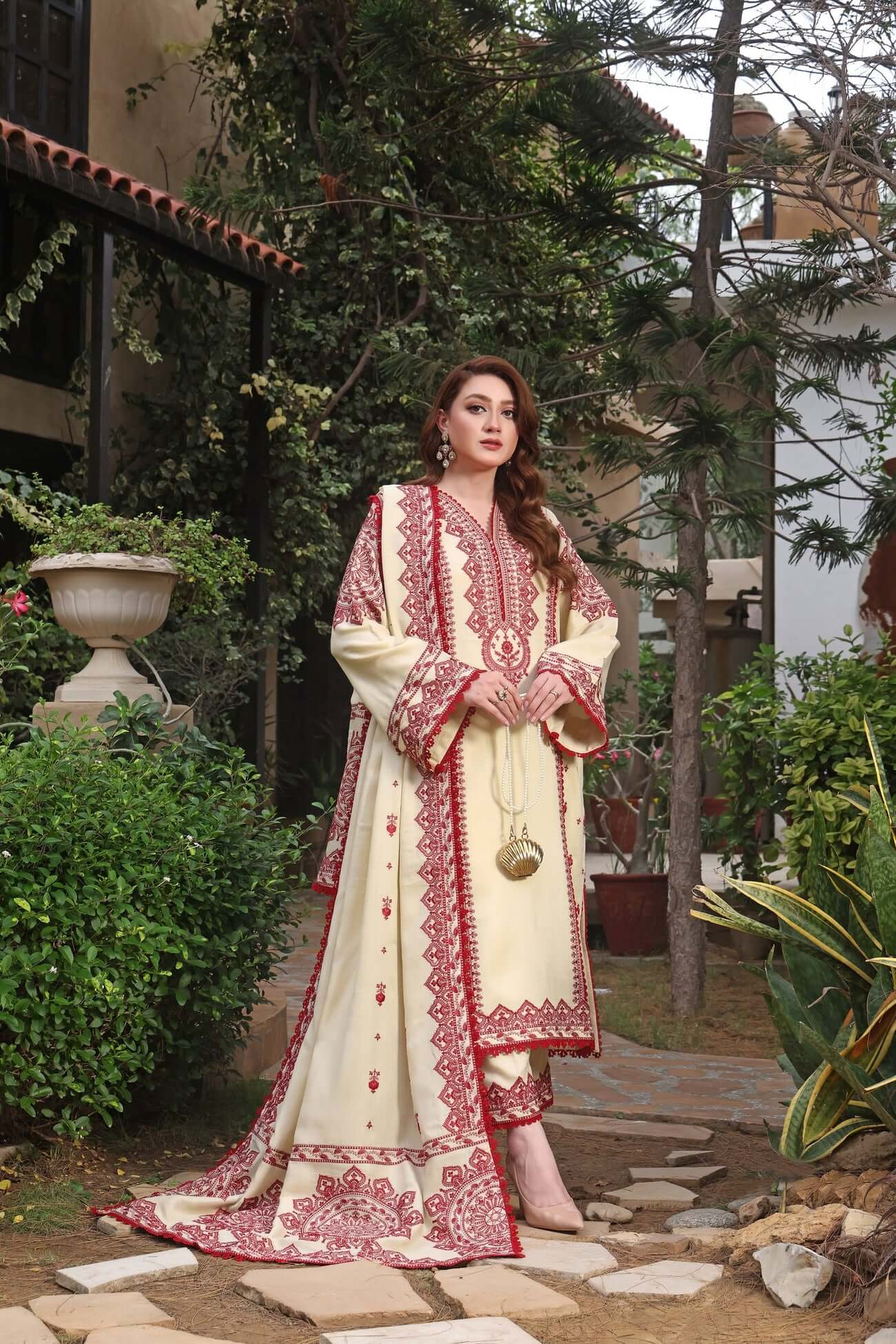 3 Piece Unstitched Heavy Embroidered Dhanak Suit with Embroidered Dhanak Shawl