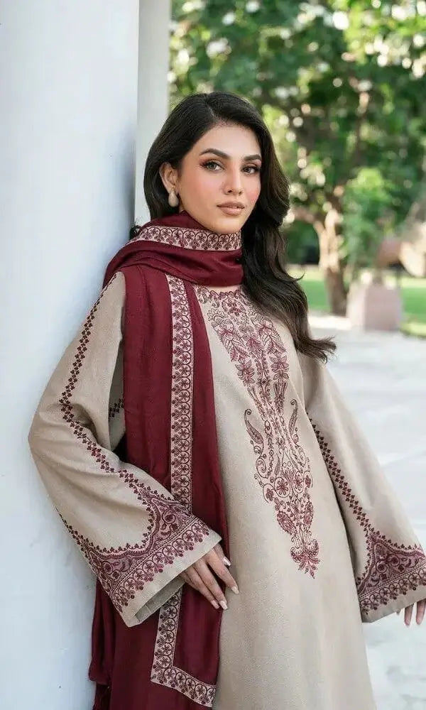 3 Piece Unstitched Embroidered Dhanak Suit with Printed Wool Shawl