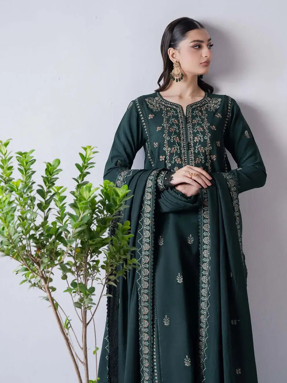 3 Piece Unstitched Heavy Embroidered Dhanak Suit with Embroidered Dhanak Shawl
