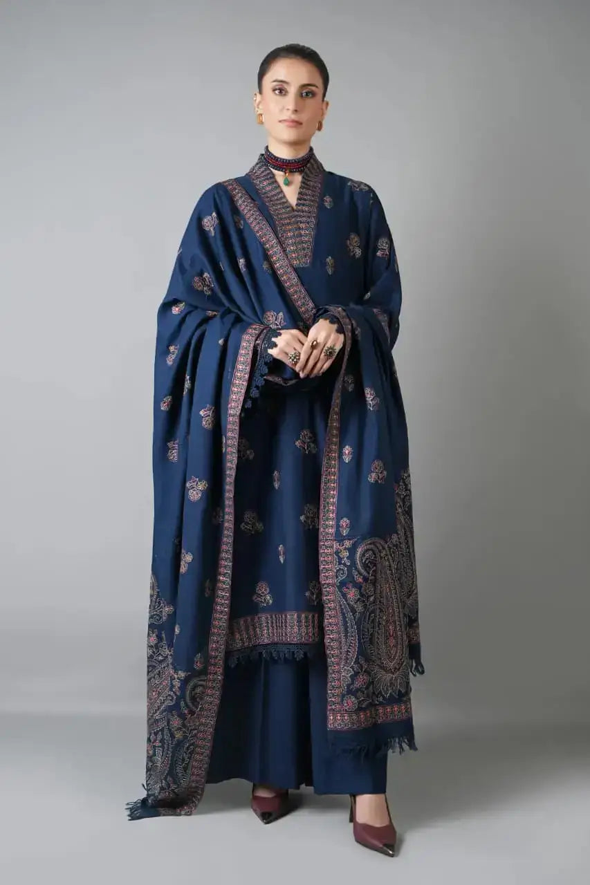 3 Piece Unstitched Heavy Embroidered Dhanak Suit with Embroidered Dhanak Shawl