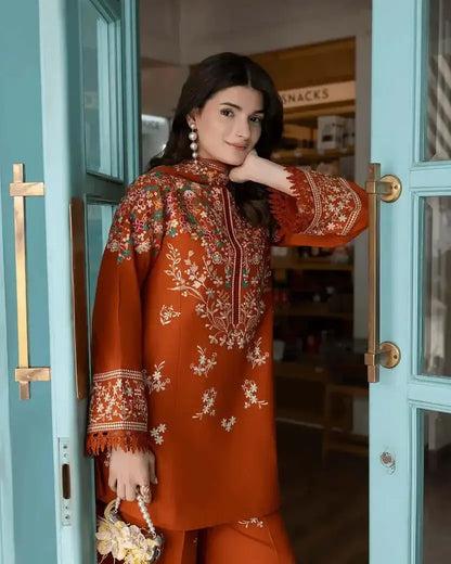 3 Piece Unstitched Heavy Embroidered Dhanak Suit with Printed Wool Shawl