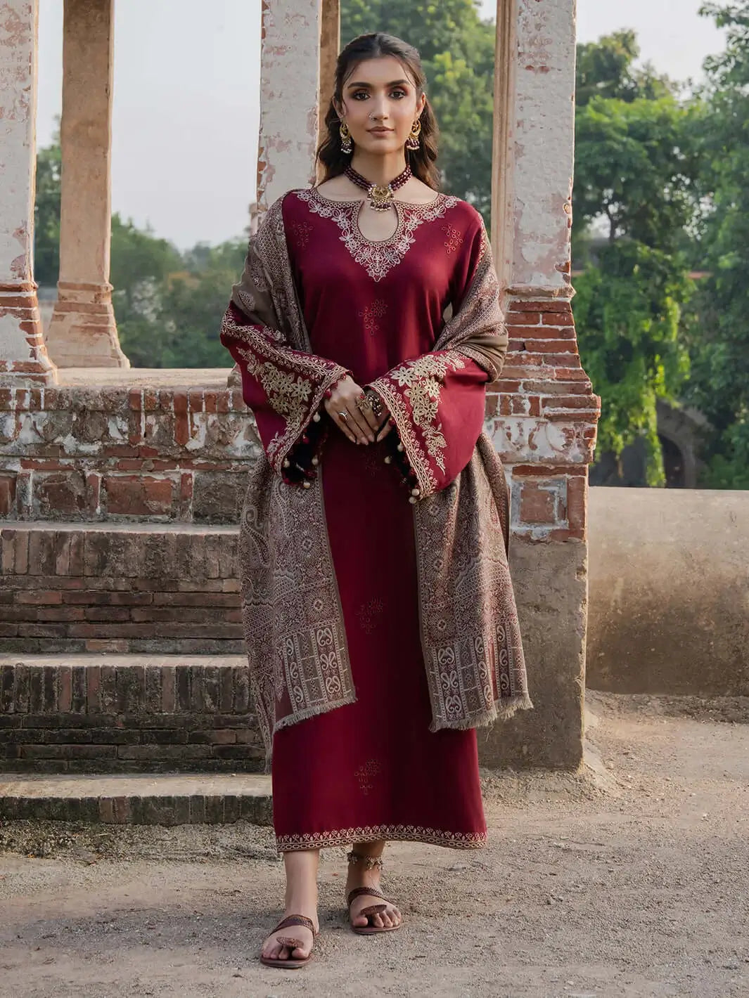 3 Piece Unstitched Embroidered Dhanak Suit with Printed Wool Shawl