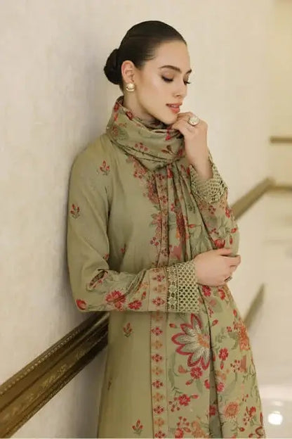 3 Piece Unstitched Heavy Embroidered Dhanak Suit with Embroidered Dhanak Shawl