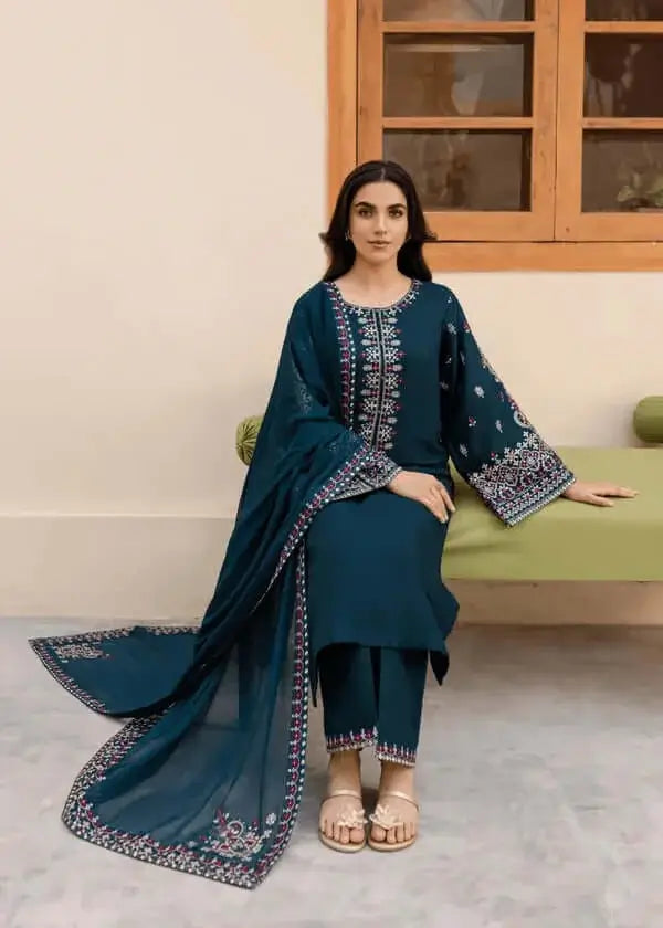 3 Piece Unstitched Embroidered Dhanak Suit with Embroidered Dhanak Shawl