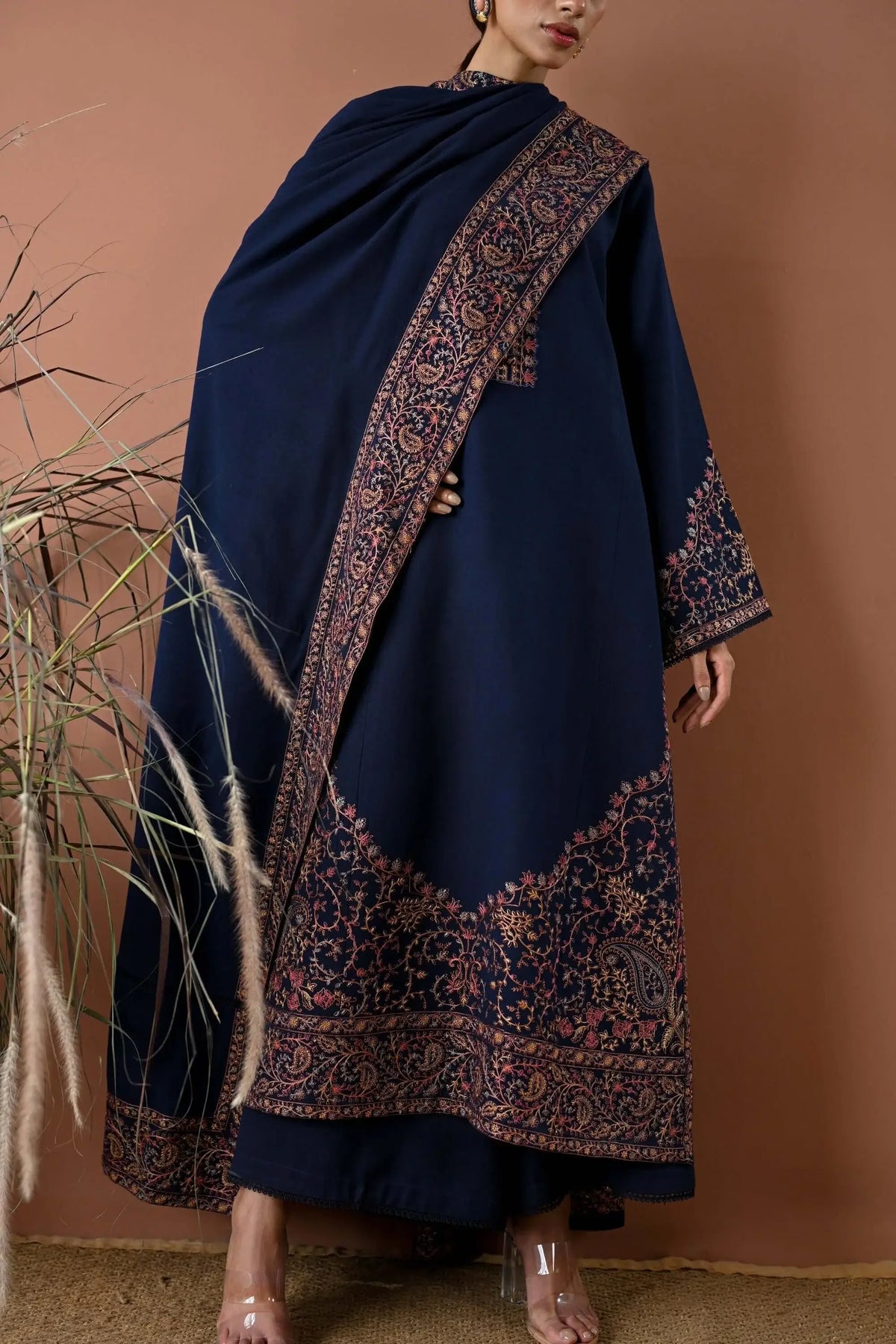 3 Piece Unstitched Heavy Embroidered Dhanak Suit with Embroidered Dhanak Shawl