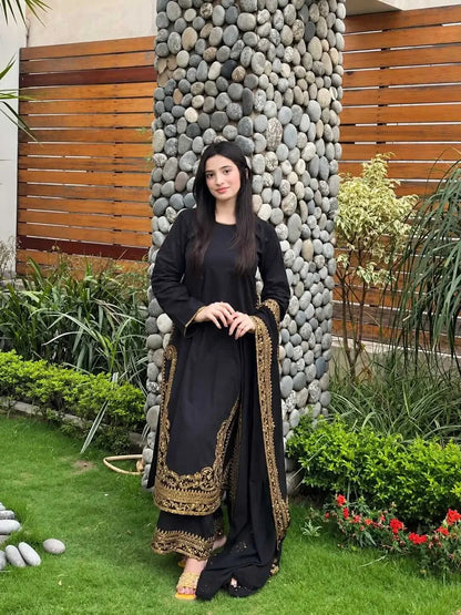 3 Piece Unstitched Heavy Sequenced Embroidered Dhanak Suit with Sequenced Embroidered Dhanak Shawl