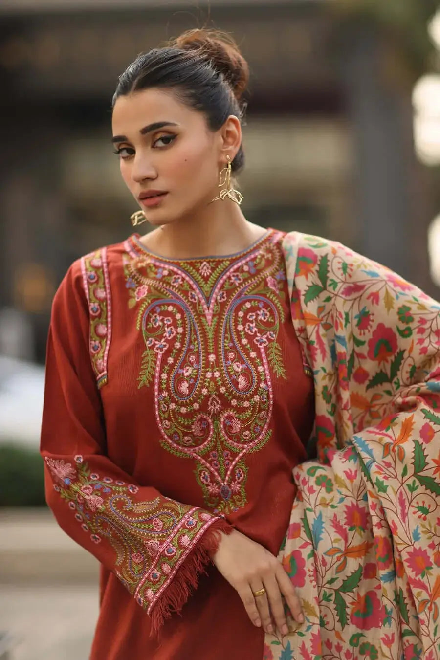 3 Piece Unstitched Embroidered Dhanak Suit with Printed Wool Shawl