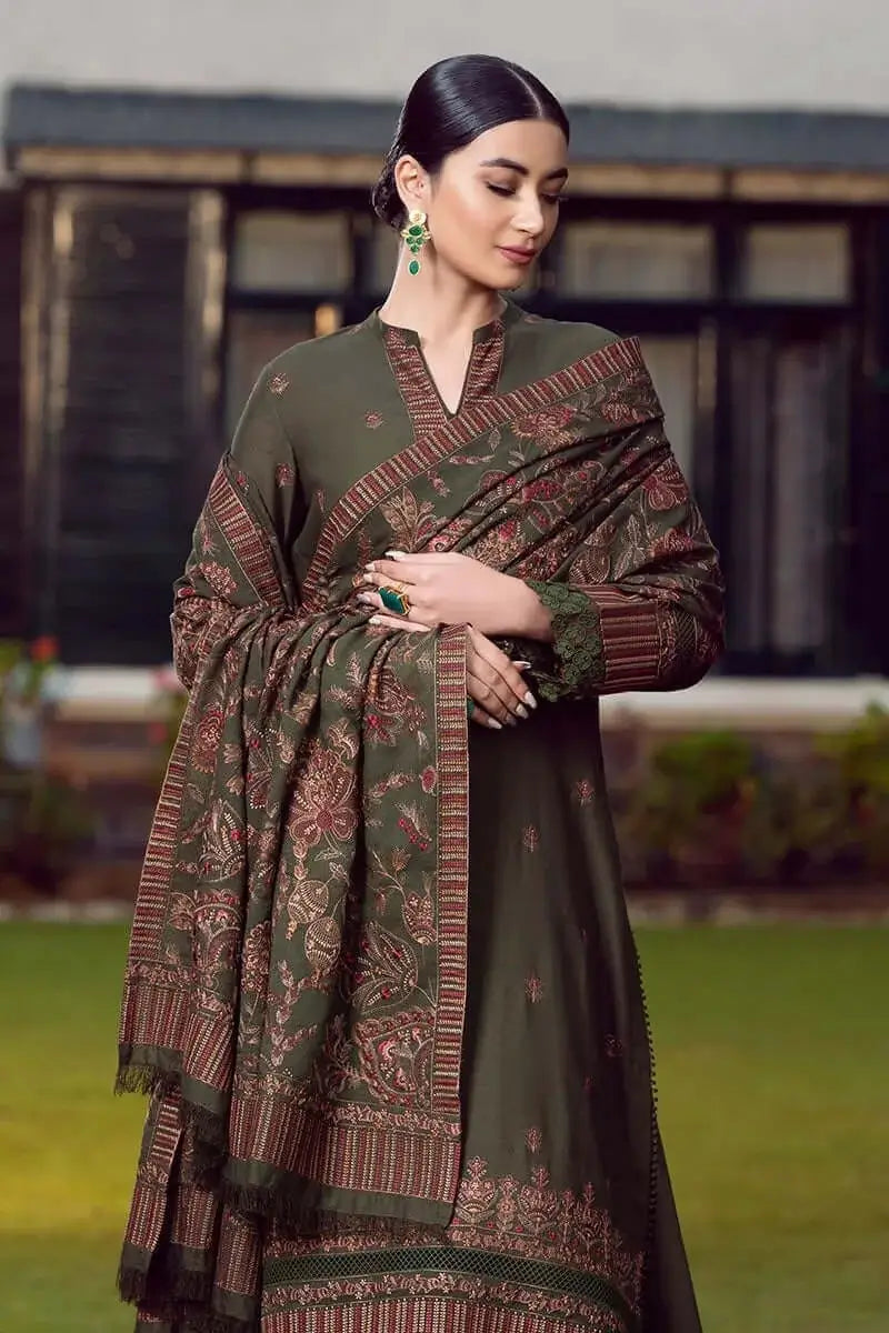3 Piece Unstitched Heavy Embroidered Dhanak Suit with Embroidered Dhanak Shawl