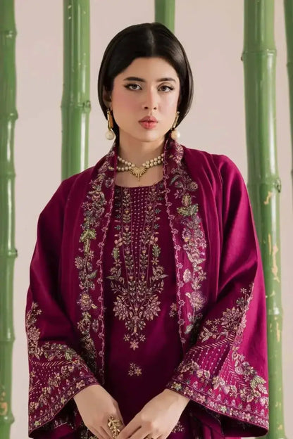 3 Piece Unstitched Heavy Embroidered Dhanak Suit with Embroidered Dhanak Shawl