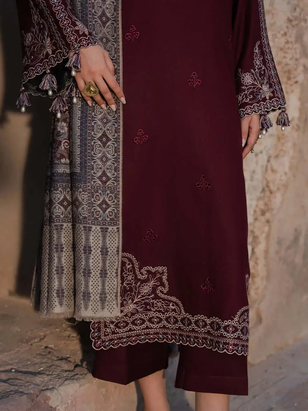 3 Piece Unstitched Embroidered Dhanak Suit with Printed Wool Shawl