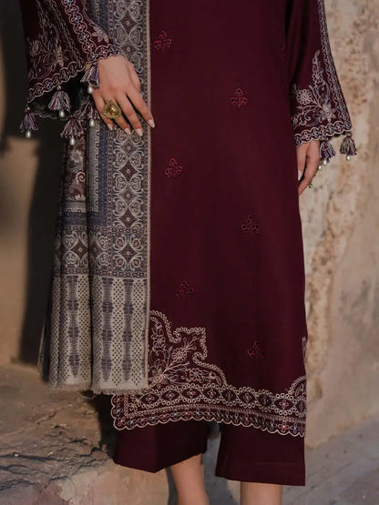 3 Piece Unstitched Embroidered Dhanak Suit with Printed Wool Shawl