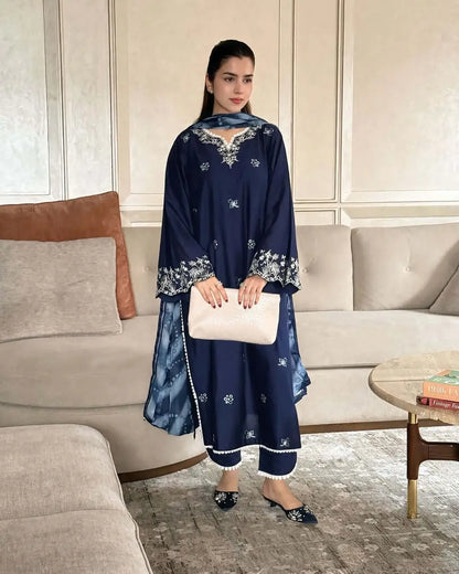 3 Piece Unstitched Heavy Embroidered Dhanak Suit with Printed Wool Shawl