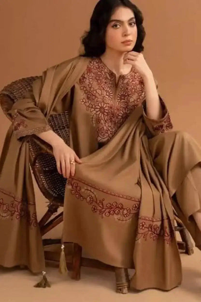 3 Piece Unstitched Embroidered Dhanak Suit with Embroidered Dhanak Shawl