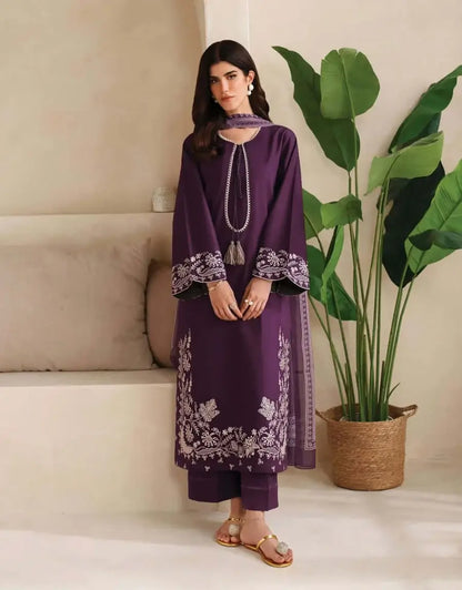 3 Piece Unstitched Embroidered Dhanak Suit with Printed Wool Shawl