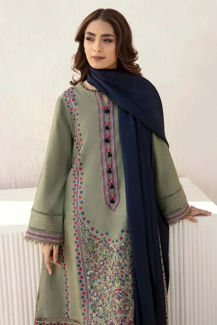 3 Piece Unstitched Heavy Embroidered Dhanak Suit with Plain Dhanak Shawl