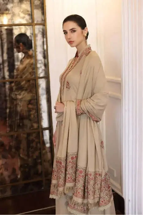 3 Piece Unstitched Heavy Embroidered Dhanak Suit with Embroidered Dhanak Shawl