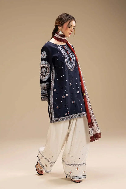 3 Piece Unstitched Heavy Embroidered Dhanak Suit with Printed Wool Shawl