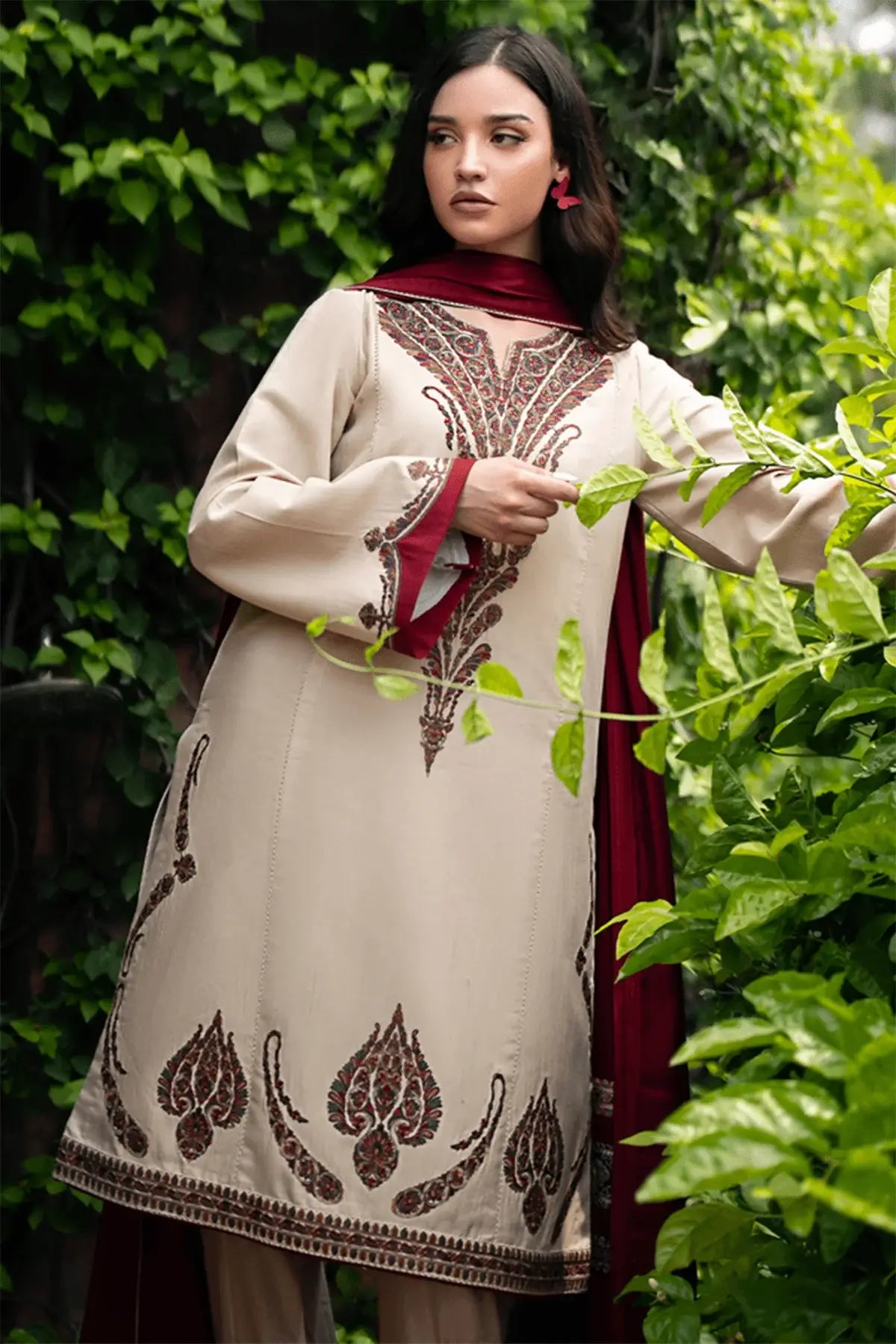 3 Piece Unstitched Heavy Embroidered Dhanak Suit with Printed Wool Shawl