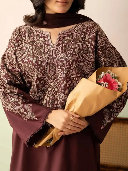 3 Piece Unstitched Embroidered Dhanak Suit with Embroidered Dhanak Shawl