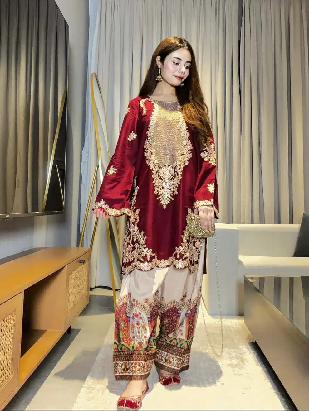 2 Piece Unstitched Heavy Sequenced Embroidered Silk Suit