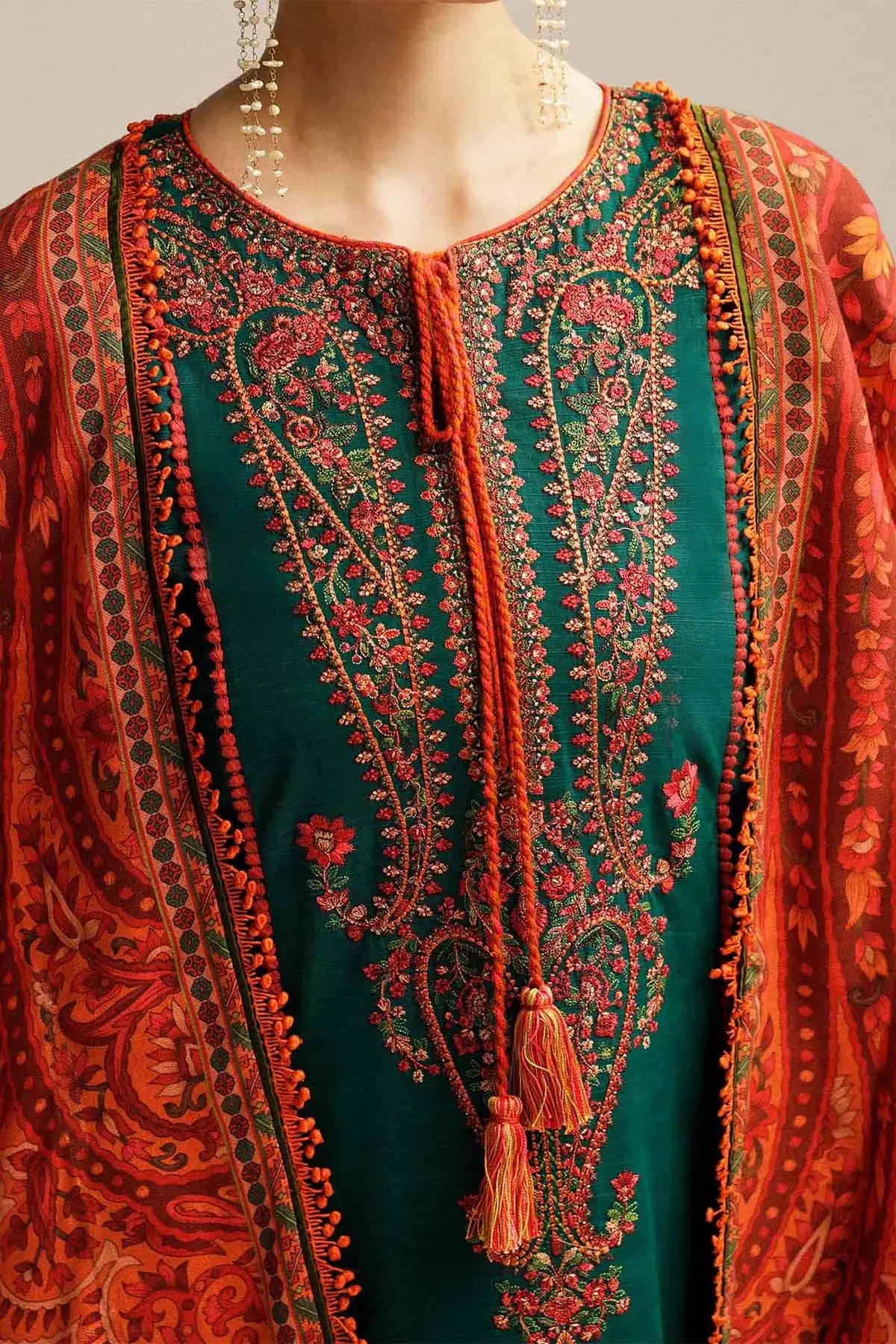 3 Piece Unstitched Heavy Embroidered Dhanak Suit with Printed Wool Shawl