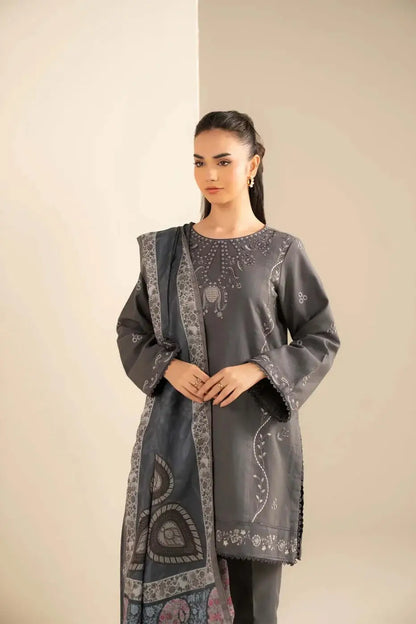 3 Piece Unstitched Embroidered Dhanak Suit with Printed Wool Shawl