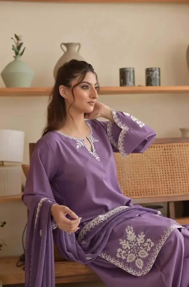 3 Piece Unstitched Embroidered Dhanak Suit with Printed Wool Shawl