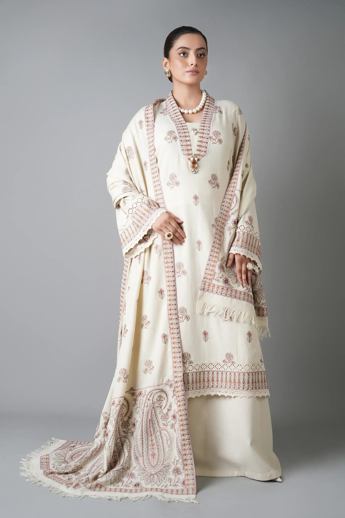 3 Piece Unstitched Heavy Embroidered Dhanak Suit with Embroidered Dhanak Shawl