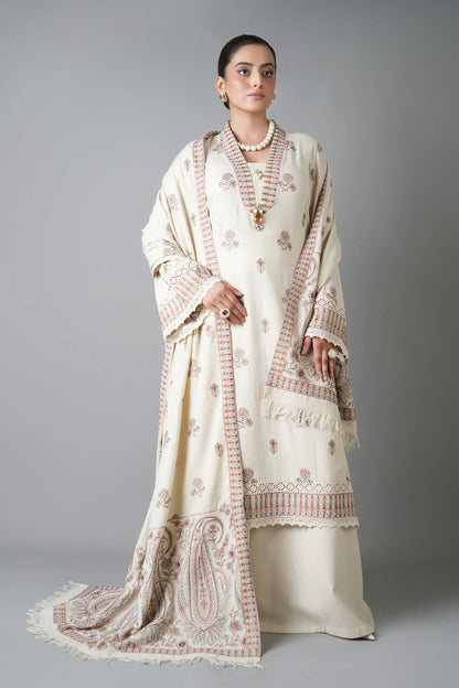 3 Piece Unstitched Heavy Embroidered Dhanak Suit with Embroidered Dhanak Shawl