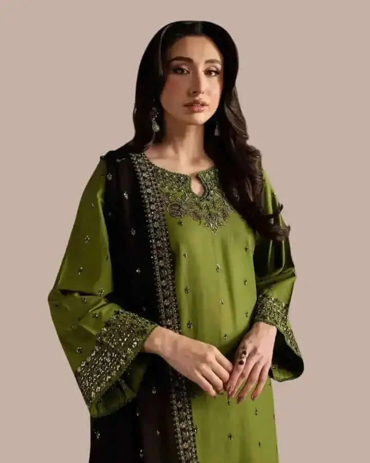3 Piece Unstitched Heavy Sequenced Embroidered Dhanak Suit with Sequenced Embroidered Dhanak Shawl