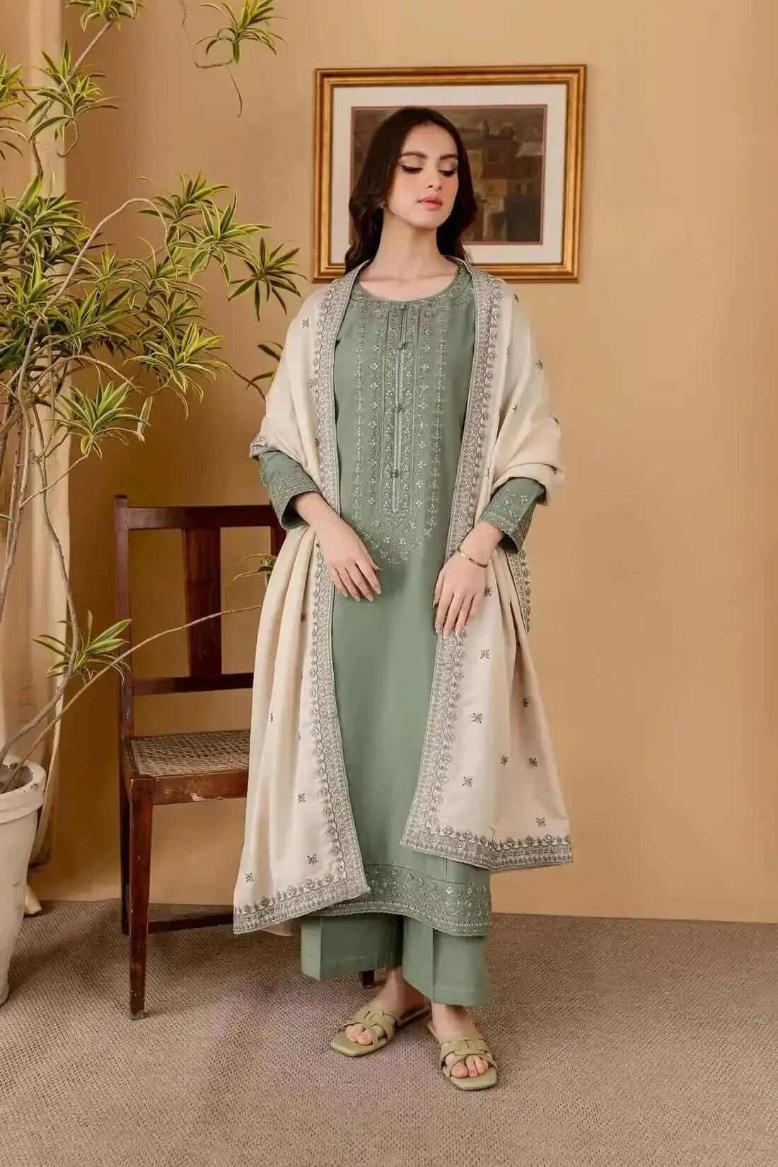 3 Piece Unstitched Embroidered Dhanak Suit with Embroidered Dhanak Shawl