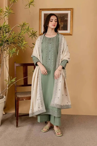 3 Piece Unstitched Embroidered Dhanak Suit with Embroidered Dhanak Shawl