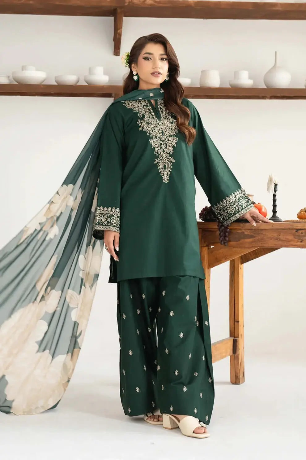 3 Piece Unstitched Embroidered Dhanak Suit with Printed Wool Shawl