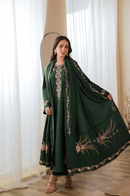 3 Piece Unstitched Embroidered Dhanak Suit with Embroidered Dhanak Shawl