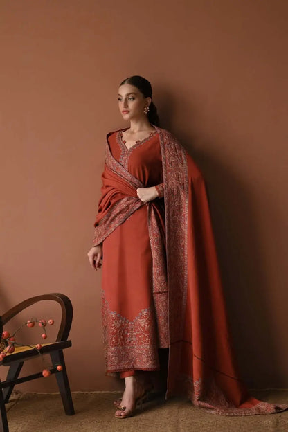 3 Piece Unstitched Heavy Embroidered Dhanak Suit with Embroidered Dhanak Shawl
