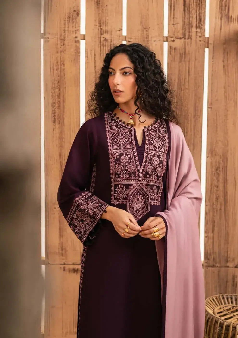 3 Piece Unstitched Embroidered Dhanak Suit with Embroidered Dhanak Shawl