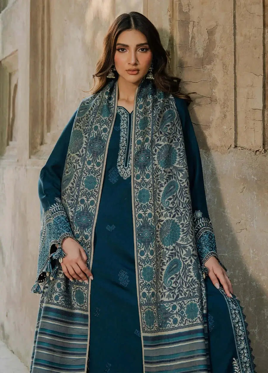 3 Piece Unstitched Embroidered Dhanak Suit with Printed Wool Shawl